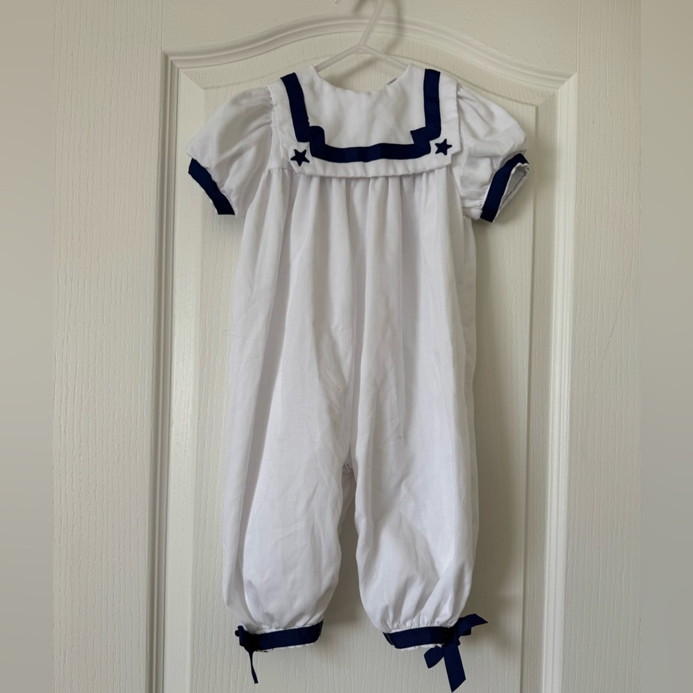 Vintage First Impressions Sailor Romper White Blue Trim 12 Months Nautical